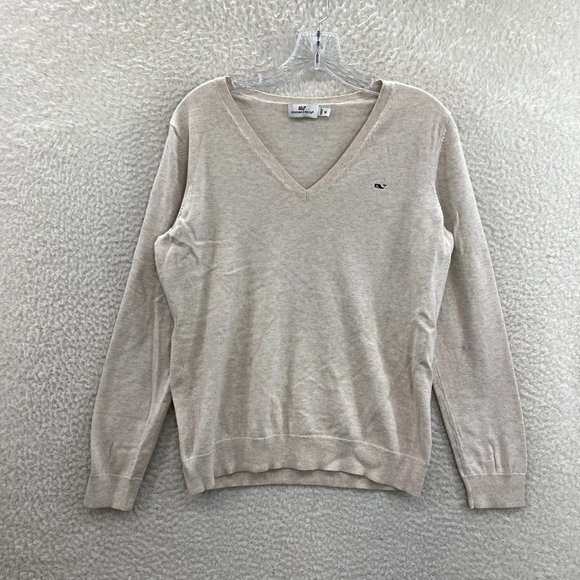Vineyard Vines Sweaters - Vineyard Vines Cream Beige Knit Embroidered Logo V-Neck Sweater Womens M Medium